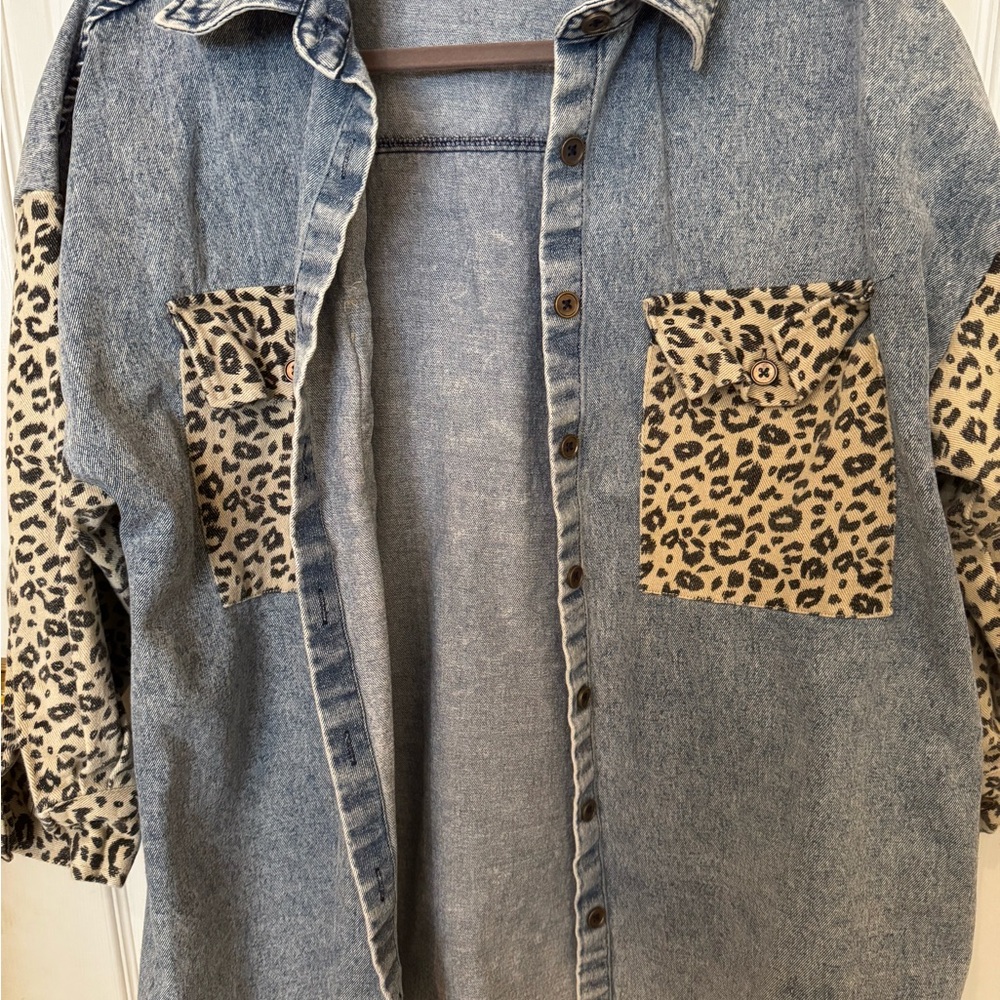 Women's Denim Jacket with Leopard Print Accents